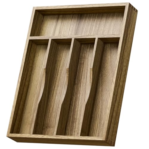 Kiasthome Acacia Wood Silverware Drawer Organizer, Kitchen Utensil Cutlery Drawer Organizer with Grooved Dividers, Flatware Organizer Silverware Tray Holder for Spoon, Fork, 11''x13.8'' (5 Slots) - size: 5 Slots
