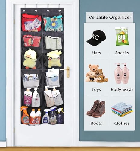 KIMBORA Boots Hanging Shoe Organizer for Closet 12 Extra Large Mesh Pockets Over The Door Shoe Rack for Men Shoes Size 16, Black - color: black