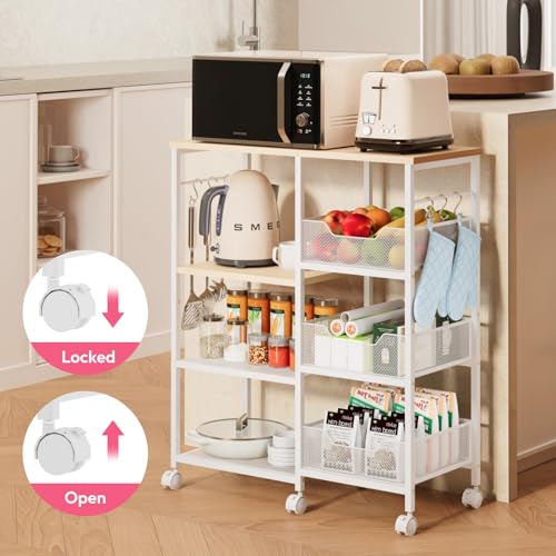 SWTYMIKI Kitchen Island Cart on Wheels - 4 Tier Rolling Kitchen Table Cart with Storage Shelves, 6 Removable Hooks& Locking Casters, Coffee Bar Cabinet for Dining Room Pantry Office, White - size: 28x11.81in, style: White