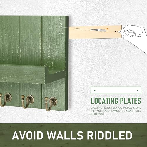 Rebee Vision Pine Wood Key Holder Wall Mount with Floating Shelf – Farmhouse Key Holder for Wall with Hooks – Hat Organizer for Room Decor and Entryway Organization (Green,3.54" x 10" x 7.28") - color: Green, size: 10 Inch