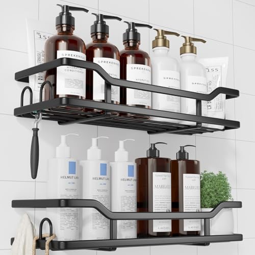 Kitsure Shower Caddy - 2 Pack, No Drilling Shower Organizer with 8 Hooks, Rustproof Stainless Steel Shower Shelf for Inside Shower, Wall Mounted Shower Rack for Bathroom, Kitchen, Black - color: Black, size: X-Large