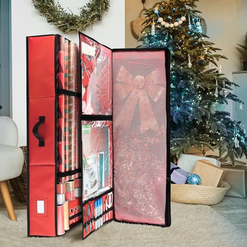 Hearth & Harbor Wrapping Paper Storage Container - Christmas Storage Bag with Ribbon Dispenser and Interior Pockets - Gift Wrap Organizer Fits Up to 26 Rolls of 40" Length, Red - color: Red, size: Large
