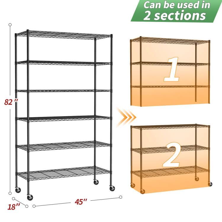 BestOffice Storage Shelves 6 Tier Metal Shelves Adjustable Garage Shelving Wire Shelving Unit Capacity 2100LBS with Wheels for Kitchen, Garage Pantry Closet Commercial,Black - color: Black, size: 18"D x 45"W x 82"H