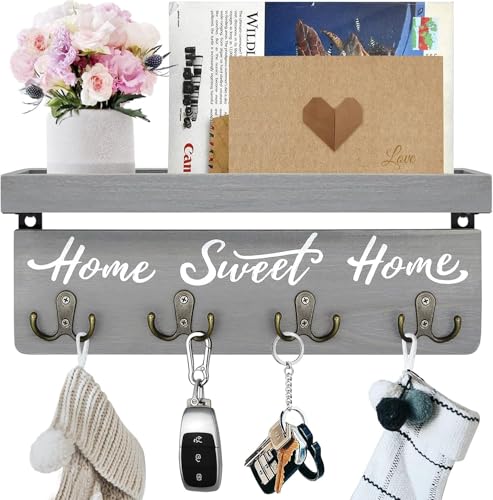 buways Key Holder Wall Mount with 4 Double Hooks-Solid Wood Wall-Mounted Organizer for Keys&Mail Rustic Key Rack Hanger Holder Home Decor for Entryway Living Room (Gray) - color: Gray