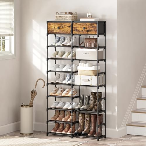 Tall Shoe Rack, 10 Tier Large Shoe Rack Organizer with 2 Drawers, Shoe Storage for 36-40 Pairs, Sturdy Metal Shoe Shelf Shoe Stand for Closet Entryway, Rustic Brown and Black - color: Rustic Brown and Black, size: 10 Tier