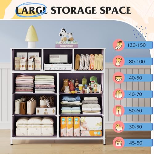 WLIVE 9 Drawer Dresser, Fabric Storage Tower for Bedroom, Hallway, Closet, Tall Chest Organizer Unit for Bedroom with Fabric Bins, Steel Frame, Wood Top, Easy Pull Handle, Purple - color: Purple