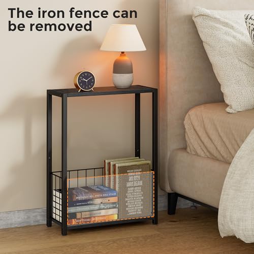 Homleke Narrow Side Table with Magazine Holder, Skinny End Table Perfect for Small Spaces, Space-Saving Design for Living Room, Bedroom, or Office, 7.1" D x 16.9" W x 23.6" H, Black - color: Black - Standard