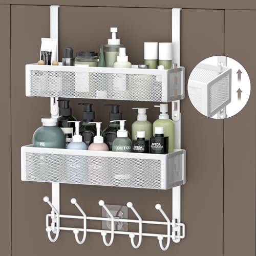 Adjustable Over The Door Hooks Organizer, Door Hanger Coat Rack with 2 Mesh Baskets and 10 Hooks, Back of Door Storage Organizer for Bedroom,Bathroom,Kitchen (White) - color: White-01, size: 2 Baskets