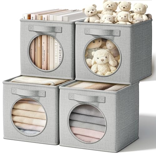 Vailando Ultra Thick Fabric Foldable Storage Cubes with Mesh Window - 13 Inch Cube Storage Organizer for Clothes, Shelves, Offices, Toys & Misc, Light Gray, 4 Pack - color: Light Gray, size: 4pcs-Cube 13"