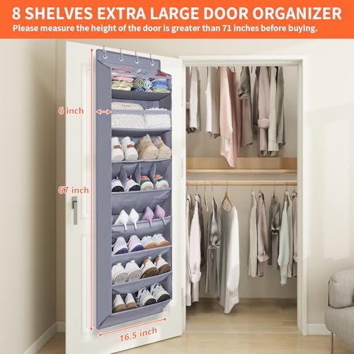 FENTEC 1 Pack Over The Door Shoe Organizer,68" Exlarge Deep Pockets Hanging Shoe Organizers, 8 Shelves Shoe Rack for Closet, Shoe Holder for Boots,Over Door Organizer in Home, RV, Dorm, Grey - color: GREY-(25+ Pairs), size: 1 Pack