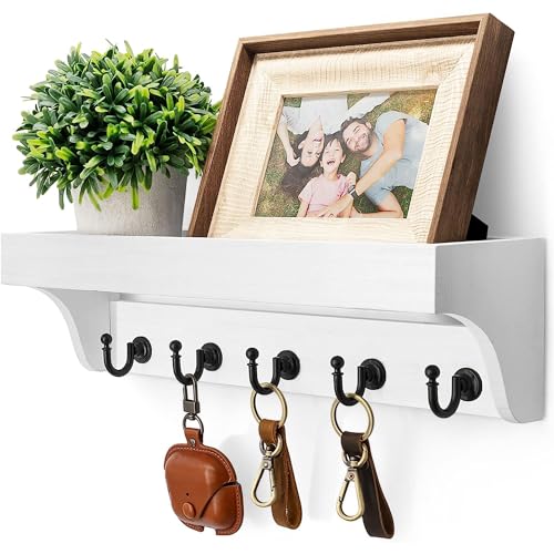 Rebee Vision Key and Mail Holder for Wall with Floating Shelf : Decorative Hanging Organizer with 5 Sturdy Keys Hooks and Wall Mount Key Rack - Farmhouse Entryway Décor (Modern White) - color: White