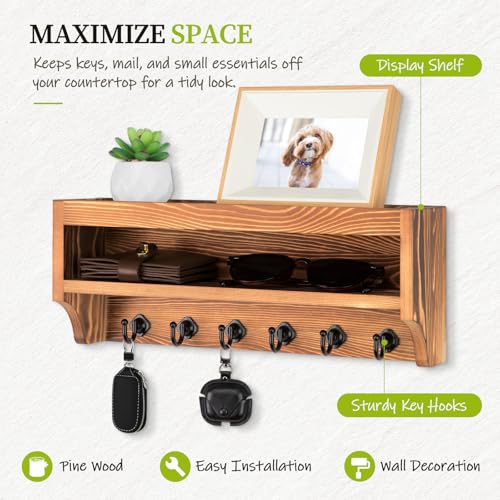 Nekon Key Holder Wall Mount, 12.8" W x 5.6" H x 3.7" D Wall Mounted Key and Mail Organizer with 6 Key Hooks, Key Racks for Home Entryway Decor (Brown) - color: Brown