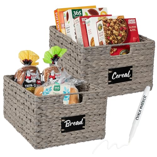 Best Choice Products Pantry Baskets Set of 2 16x12in Water Hyacinth Storage Baskets, Woven Wicker Kitchen Organizers with handles w/Chalkboard Label Chalk Marker - Gray - color: Gray, size: 12x16x8in