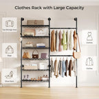 Closet Organizers and Storage, 2-Row Heavy Duty Garment Rack Clothes Rack for Hanging Clothes, Wall Mounted Closet System with 2 Telescopic Rods, 3 Hooks, 6 Shelves for Wardrobe, Bedroom, Small Space - style: 2-Row