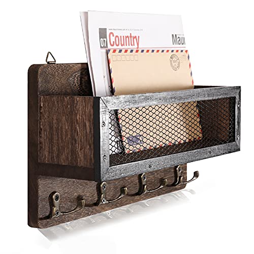 ADIIL Mail and Key Holder for Wall Decorative, Wooden Wall Mount Key Rack Hanger Organizer with 4 Double Key Hooks, Rustic Home Decor for Entryway Hallway, Brown - color: Brown