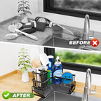 Fikoksol Large Sponge Holder for Kitchen Sink, 90-Degree Sink Caddy Organizer with Drain for Kitchen Countertop Corner, Metal Rust Proof Soap Sponge Dish Brush Sink Rack Holder Kitchen Storage Ideas