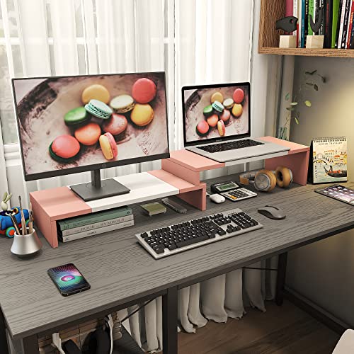 WESTREE Dual Monitor Stand - Monitor Stand Riser - 2 Shelf Computer Monitor Stand with Adjustable Length and Angle, Monitor Stands for 2 Monitors, Desktop Organizer Stand Office Furniture for PC, Computer, Laptop - color: Pink
