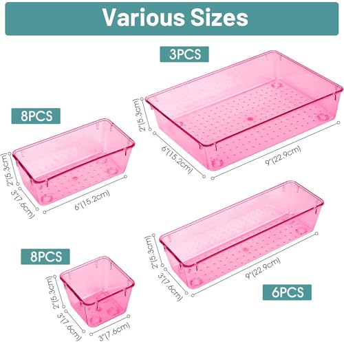 WOWBOX 25 PCS Plastic Drawer Organizer Set, 4 Sizes Desk Drawer Divider Organizers and Storage Bins for Makeup, Jewelry, Gadgets for Kitchen, Bedroom, Bathroom, Office, Clear Pink - color: Clear Pink