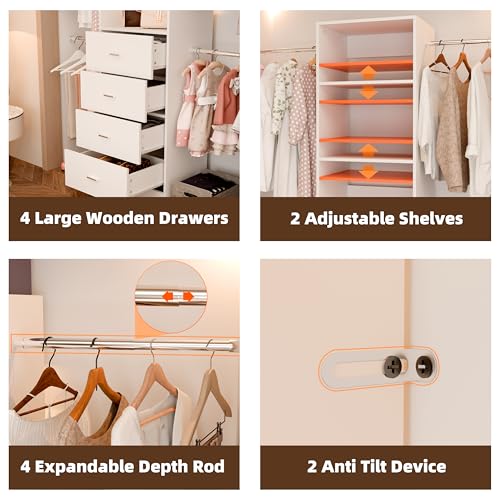 Closet System, Closet Organizer System With 4 Wood Drawers, Walk-In Closet Storage System With 4 Hanging Rods, Adjustable Cloth Garment Rack, Fits Spaces 3 to 5FT, White - color: 4 drawer 3 shelve, size: 1 PC