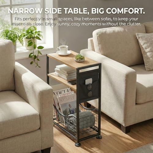 Skinny Side Table with Storage, 3 Tier Slim Side Tables for Small Spaces, Skinny End Table Narrow Bedside Table Narrow Side Table for Living Room, Bedroom - color: Oak