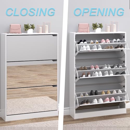 BORNOON Shoe Cabinet with 3-Flip Mirror Drawers, Freestanding Shoe Rack Organizer with Hidden Handle, Slim Narrow Shoe Storage Cabinet for Entryway, Entrance, Hallway, Bedroom - color: White, size: 3-Drawer with Mirror
