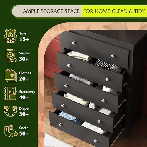 WLIVE Wooden Dresser with 5 Drawers, 45" Tall Black Dresser for Bedroom, Chest of Drawers, Storage Cabinet and Organizer Drawers for Living Room, Hallway, Closet - color: Black, size: 5 Drawers
