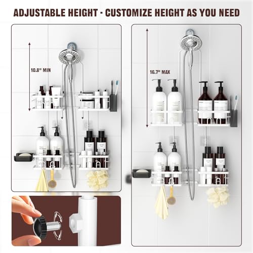 REINHARDT Adjustable Shower Caddy Hanging Rustproof Shower Caddy for Handheld Showerheads, Shower Organizer with Hooks Soap Holder Toothbrush Holder, Anti-Swing Shower Rack Bathroom Accessories, White - color: White