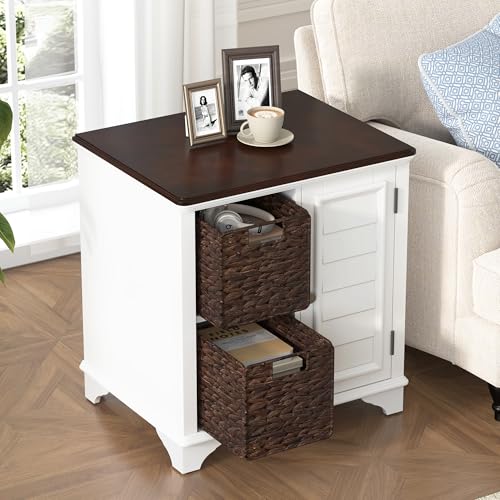 Multifunctional End Table Side Table with a Shutter Style Door and 2 Woven Grass Baskets, Sofa Side Narrow Table, Wood Bedside Nightstand for Living Room Bedroom (White-4.7) - color: White-4.7