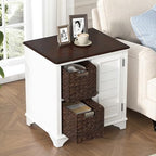 Multifunctional End Table Side Table with a Shutter Style Door and 2 Woven Grass Baskets, Sofa Side Narrow Table, Wood Bedside Nightstand for Living Room Bedroom (White-4.7) - color: White-4.7
