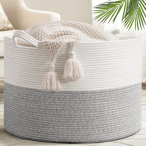 Goodpick Blanket Basket, 23.5'' x 15.8'' Cotton Rope Blanket Basket Living Room, Toy Organizers and Storage with Handles for Kids, 115L Grey - color: Light Grey, size: 23.5x23.5x15.8 Inch (Pack of 1)
