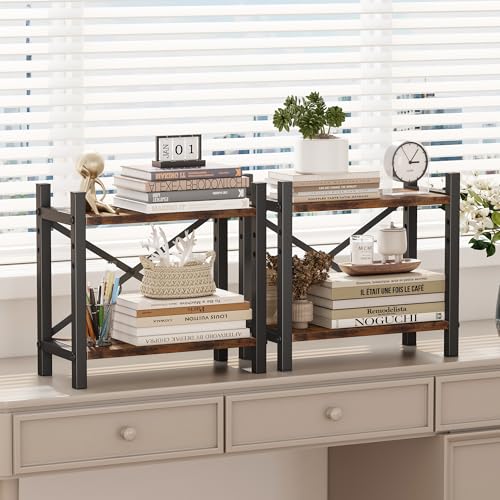 Desktop Bookshelf, 4-Tier Stackable Narrow Bookcase, Adjustable Industrial Desk Organizer & Hutch - Rustic Brown Wood Desktop Book Organizer for Living Room, Bedroom & Home Office - color: Vintage Brown