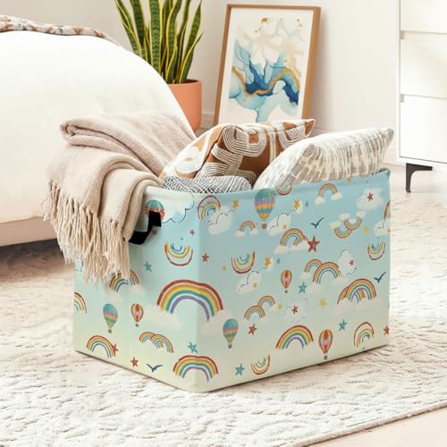 56L Rainbow Laundry Basket Clothes Hamper with Handles,Foldable Blanket Storage Large Laundry Hamper with Waterproof PE,Toy Storage Bin Organizer,Cube Clothes Organizer,Home Decor - color: Rainbow