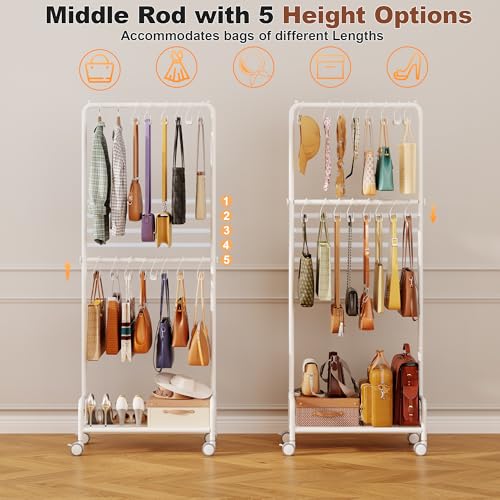 Hayexiha 3-Tier Purse Organizer for Closet with 16 Wide Hooks, Rolling Purse Rack Stand with Wheels for Purse Storage, Adjustable Handbag Organizer, Large Tall Purse Storage Organizer for Small Place