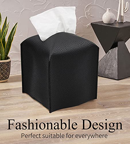 Livelab Tissue Box Cover, Square Decorative PU Leather Tissue Box Holder Modern Tissue Case Facial Paper Organizer Dispenser for Bathroom, Vanity Countertop, Night Stands, Desk, Car 5X5X5'' | Black - color: Black