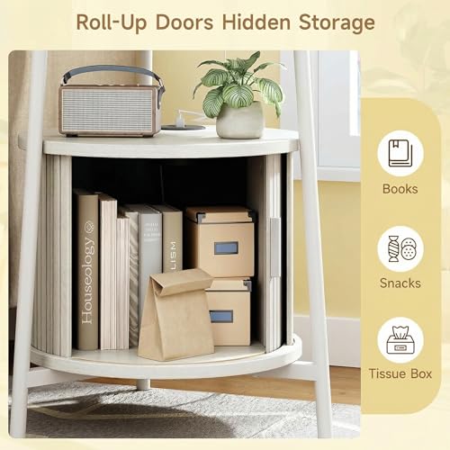 Round End Tables with Drawer: Fluted Side Table with Charging Station, Mid-Century Modern Nightstand with Sliding Door for Small Space Storage, Living Room, Bedroom - color: Off White, size: 1 PACK