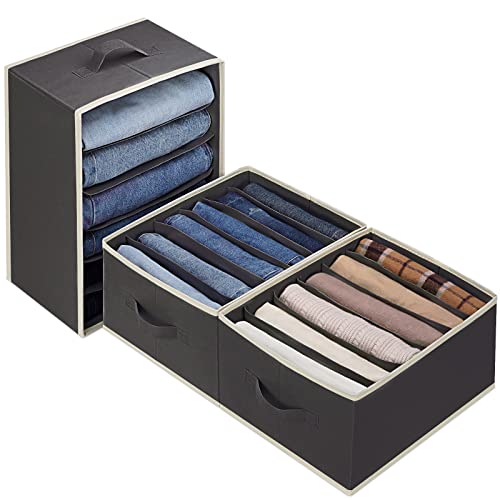 3 Pcs Large Size Wardrobe Clothes Organizers 6 Grids for Pants, Jeans, Sweater, T-shirt, Dress Stackable Closet Drawer Organizer Storage Bin Container with Sturdy Handles, Black - color: Black, size: 3 Pack