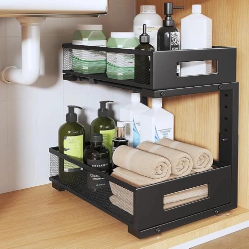 Under Sink Organizer, 2-Tier Dual Pull Out Cabinet Organizer Drawers With Smooth Circular Rail, Large Capacity Metal Mesh Sliding Shelves For Bathroom& Kitchen Storage,Height Adjustable–Black,1 Pack - color: Black, size: 1 Pack-15.9"Dx11.6"-16.7" H