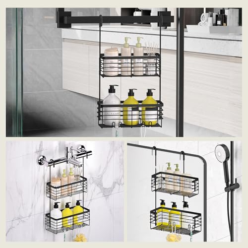 DELLAN 2-Tier Shower Hanging Caddy, Shower Rack with Hooks Over the Door, Stainless Steel Hanging Orangizer and Basket (Black) - color: Black, size: 2-Tier 11"D x 4.7"W x 4.1"H