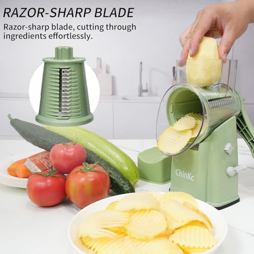 Upgrade Rotary Cheese Grater Shredder with Handle, Strong Suction Base, Multi-purpose Rotary Grater Slicer with 5 Interchangeable Blades for Ice, Vegetables, Fruit, Nuts with Blade Storage Box - color: Green