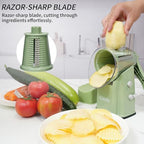Upgrade Rotary Cheese Grater Shredder with Handle, Strong Suction Base, Multi-purpose Rotary Grater Slicer with 5 Interchangeable Blades for Ice, Vegetables, Fruit, Nuts with Blade Storage Box - color: Green