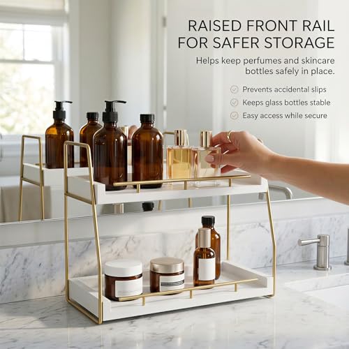 Mustry Bathroom Countertop Organizer, 2-Tier Makeup Organizer for Vanity, Wooden Shelf with Gold Metal Frame for Skincare, Perfume & Decor (White&Gold)