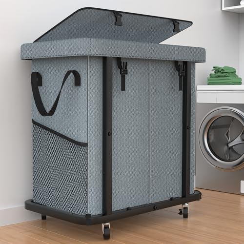 50 Gal(190L) High Grade Large Laundry Basket with Wheels, Rolling Laundry Hamper, Laundry Cart with Metal Frame and Removable Bag Design, Suitable for Laundry Room, Bedroom (Grey, 2 Section 190L) - color: Grey, size: 2 Section 190L