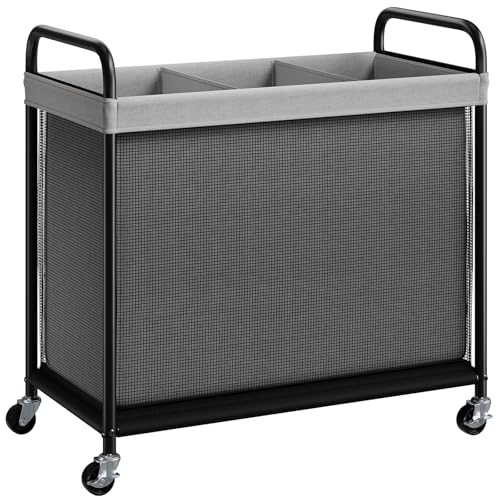 ELYKEN Laundry Hamper 3 Section, 120L Rolling Laundry Sorter with Removable Liner Bag, Laundry Basket with Wheels, Steel Frame with Metal Handle, Clothes Hamper Cart for Laundry Room & Bedroom - color: Gray, size: 3-Section