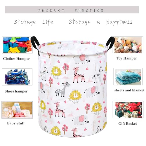 KUNRO Kids Laundry Hamper Clothes Gift Basket Storage Laundry Baskets Organizer Bin with Handles for Nursery Room (Pink Zoo) - color: Pink Zoo