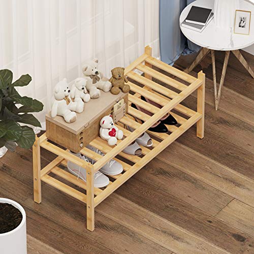 Dranixly Shoe Rack, 2-Tier Bamboo Stackable Shelf Storage Organizer, Stand for Closet, Entryway, Hallway, Bathroom and Living Room（Natural） - color: Natural, size: 2-Tier