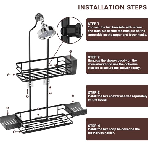 REINHARDT Shower Caddy Hanging, Rustproof Shower Caddy Anti-Swing Shower Organizer Over Showerhead No Drilling Shower Racks with Soap Holder Multi Hooks Bathroom Storage for Shampoo Sponge, Black - color: Black
