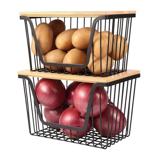 2 Pack Onion and Potato Storage Bins, Stackable Pantry Organizers Storage, Large Wire Storage Basket for Onion, Potato, Fruit, Vegetables