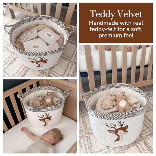 Deer Storage Basket for Nursery – Large 15”x11” Cotton Rope Bin with Soft Felt Animal Patch – Toy Organizer, Baby Laundry Hamper, Diaper & Towel Holder – Foldable, Washable & Baby-Safe - color: Deer