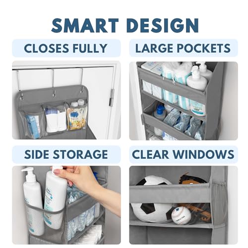 Over The Door Organizer Hanging with 5 Large & 6 Side Pockets 5 Tier Behind Door Storage 50 lbs for Closet, Nursery, Bathroom Door Organizer, 1 Pack, Grey