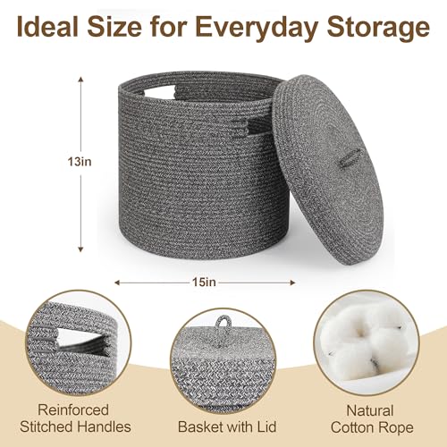 Storage Basket with Lid, Woven Blanket Storage for Living Room, Cute Cotton Rope Bin with Lid, Round Wicker Laundry Basket with Cover, Decorative Kid Dog Toy Box, Nursery Organizer, 15"x13" - color: Black